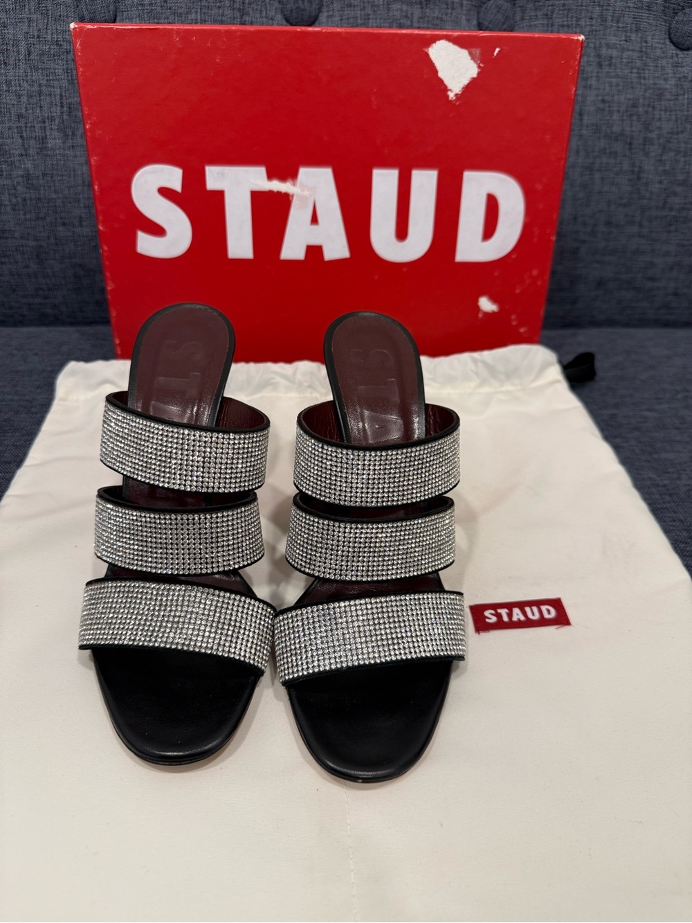 STAUD Black Slide Sandals with Crystal-Encrusted Straps